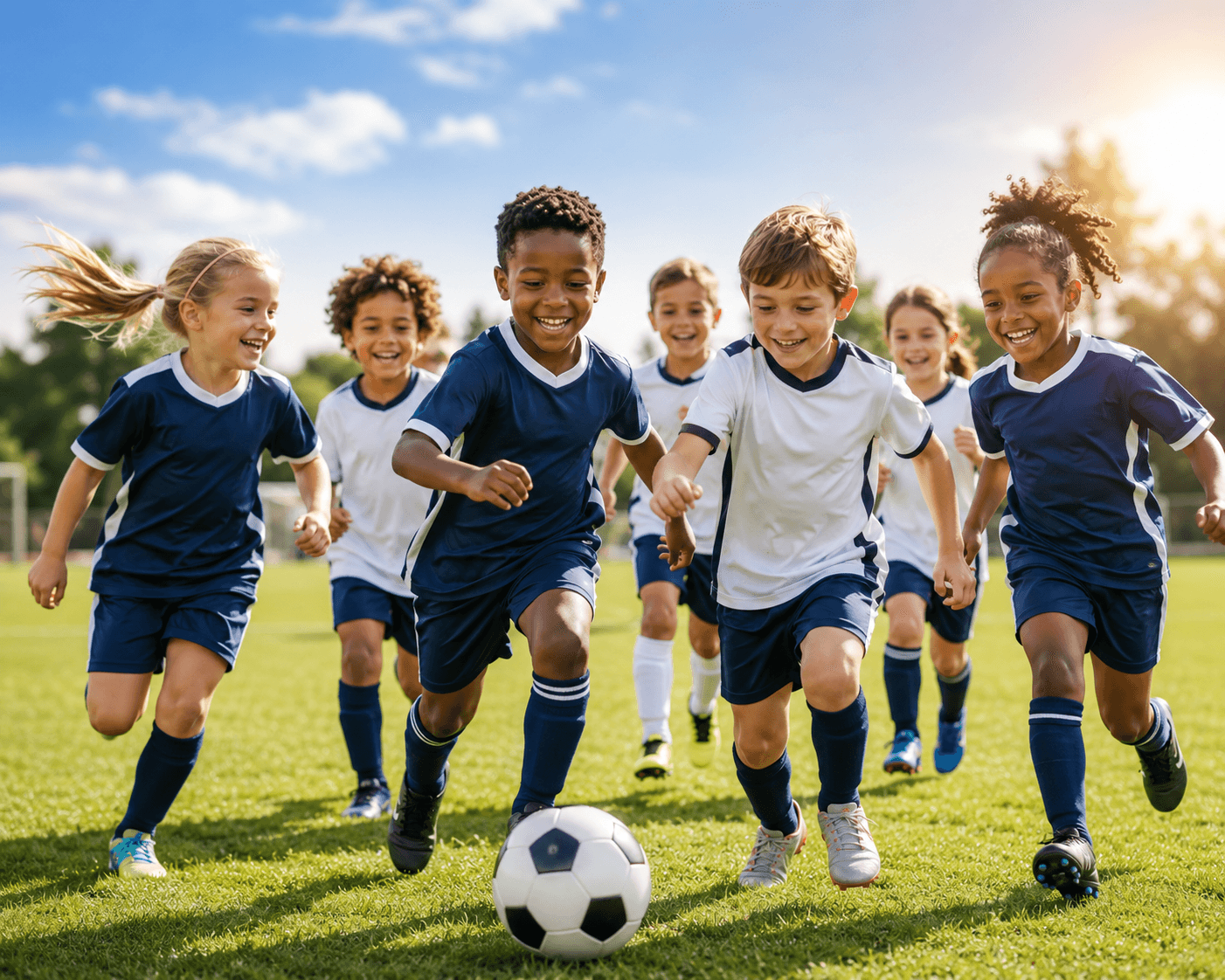 Children running and playing football together on a sunny field